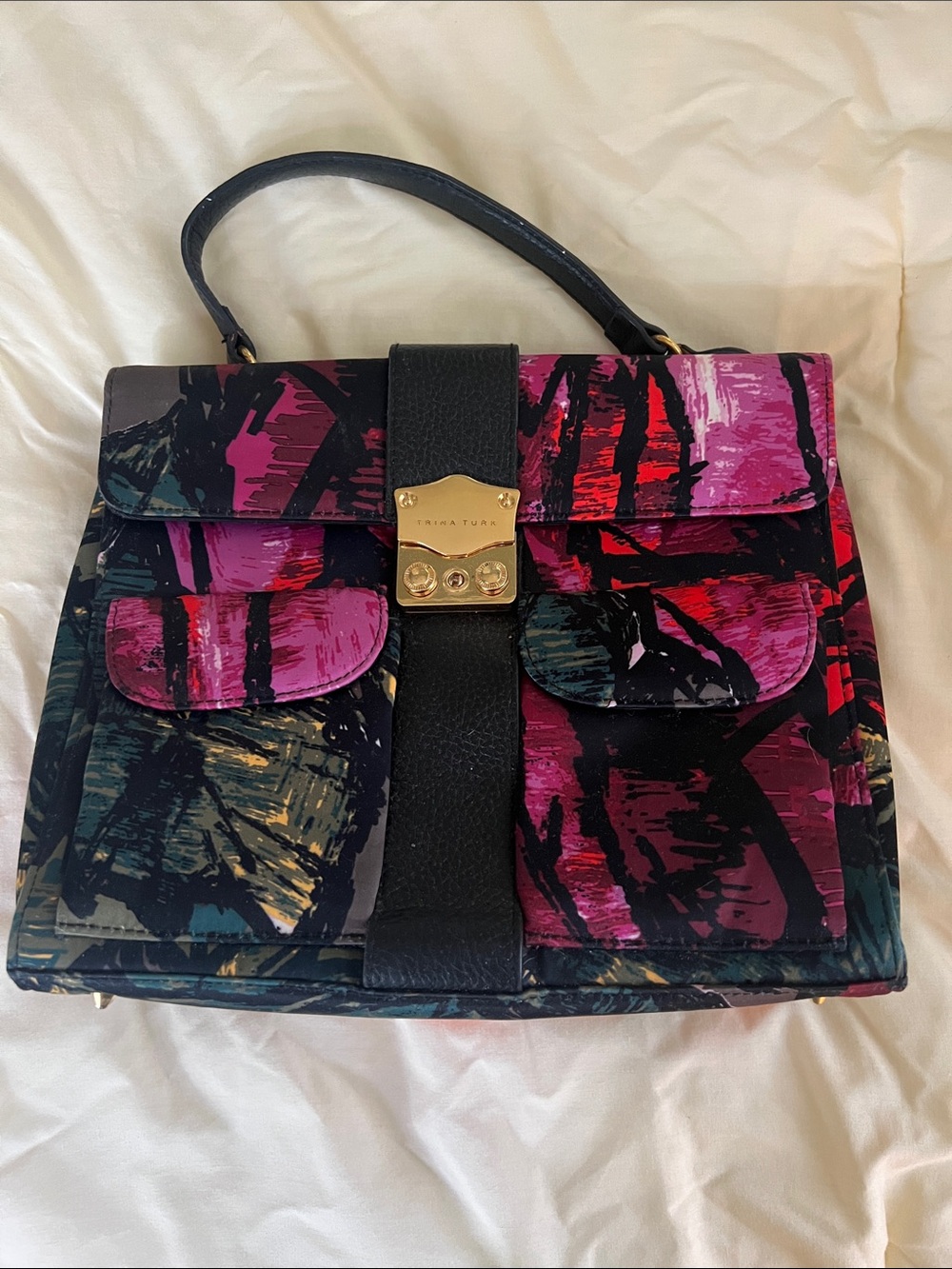Trina Turk Multicolor Brushstroke Top-Handle Satchel in Pink, Red, Black